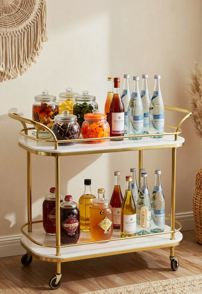 17 Boho Coffee Bar Ideas With Relaxed Chic Vibes - 14. Bar Cart Beverage Station 1