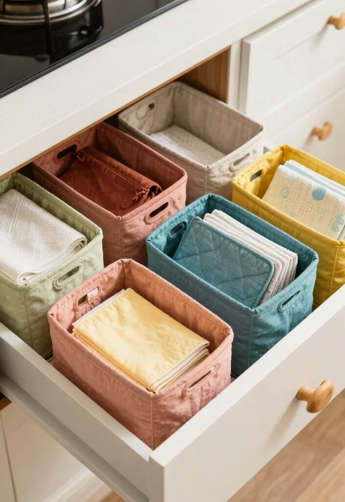 17 Deep Drawer Organization Kitchen Ideas That Work Smart - 11. Fabric or Canvas Bins for Soft Storage 1