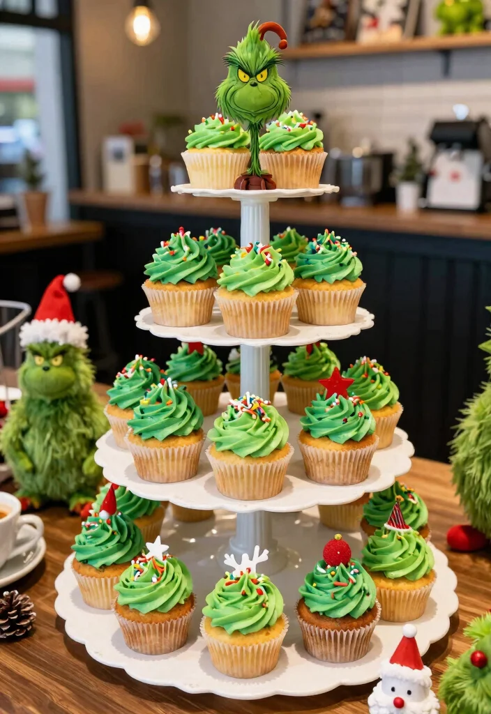 17 Grinch Coffee Bar Ideas With Fun Holiday Spirit - 15. Creative Cupcake Display 1