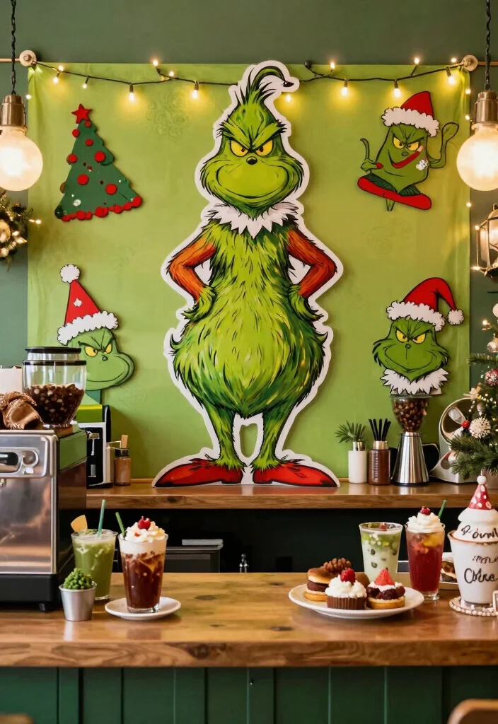 17 Grinch Coffee Bar Ideas With Fun Holiday Spirit - 8. Festive Coffee Bar Backdrop 1