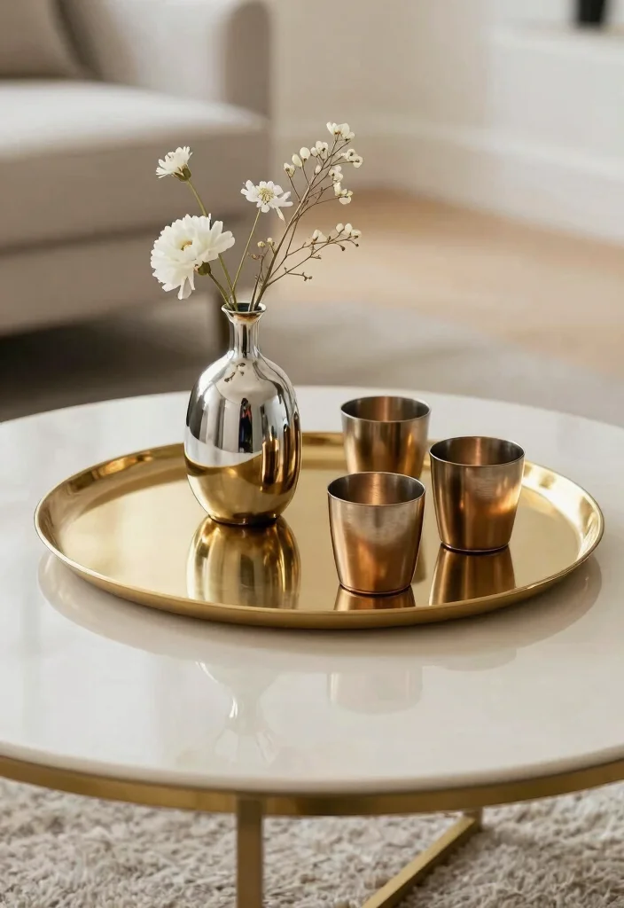 17 Minimalist Coffee Table Decor Ideas With Clean Elegance - 10. A Touch of Metallics 1