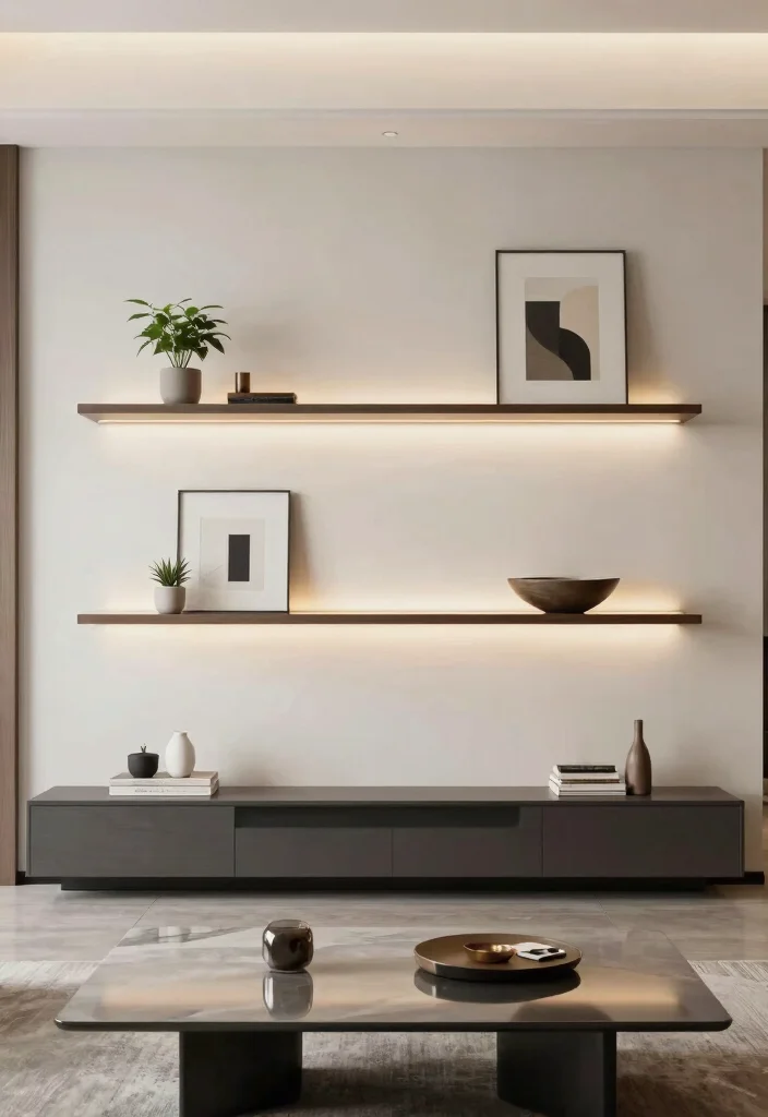 17 Minimalist Coffee Table Decor Ideas With Clean Elegance - 16. Floating Shelves Above 1