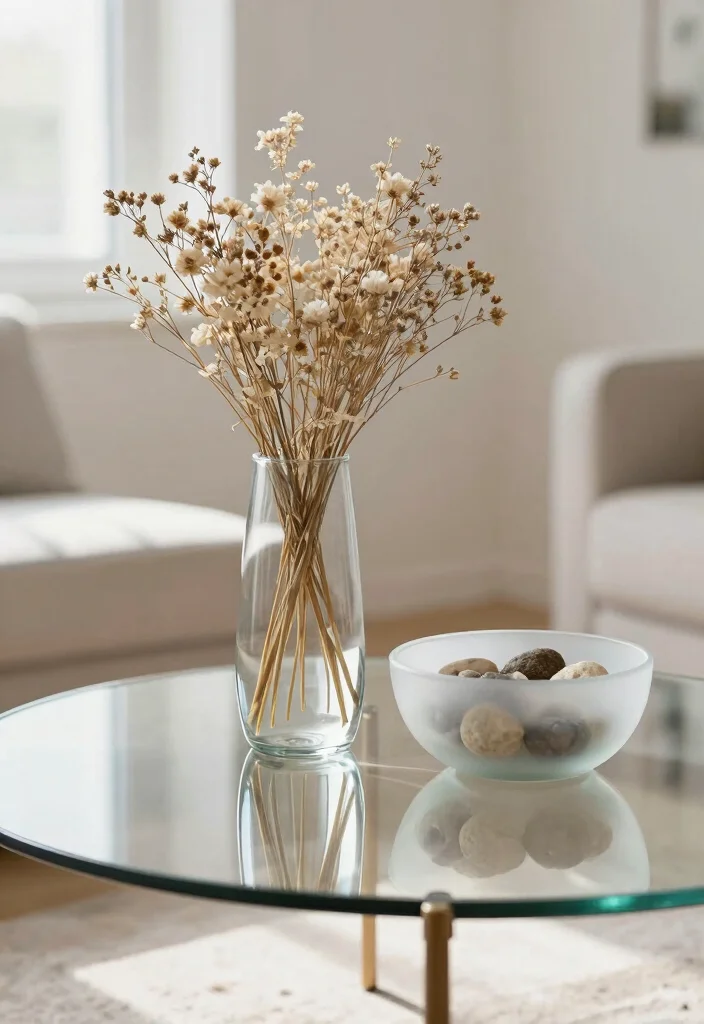 17 Minimalist Coffee Table Decor Ideas With Clean Elegance - 6. Simple Glass Accents 1