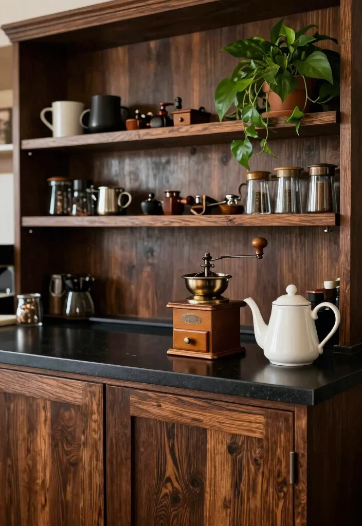 17 Moody Coffee Bar Ideas With Dark Cozy Aesthetic - 1. Dark Wood Elegance 1