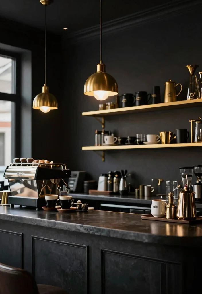 17 Moody Coffee Bar Ideas With Dark Cozy Aesthetic - 10. Dark Tones with Gold Accents 1
