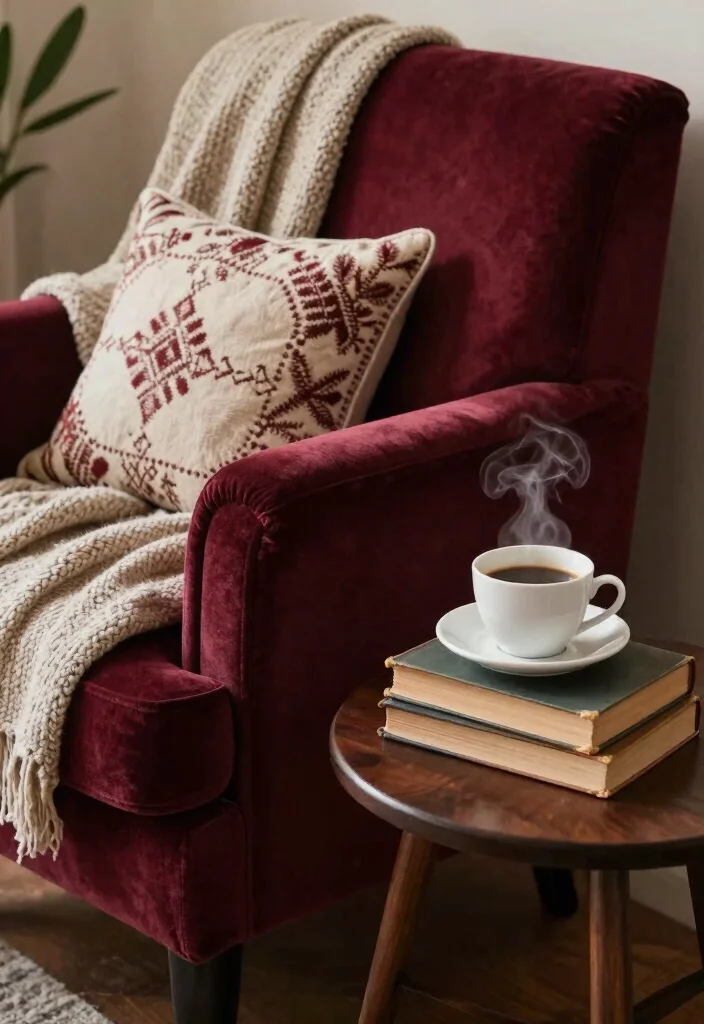 17 Moody Coffee Bar Ideas With Dark Cozy Aesthetic - 2. Cozy Corner with Velvet Touch 1