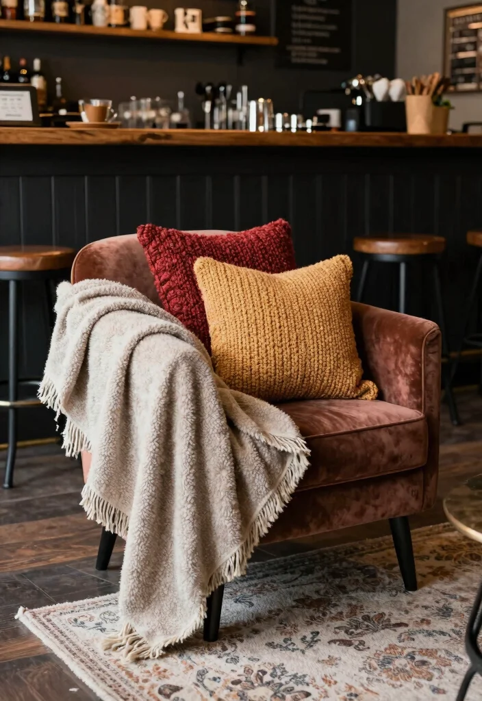 17 Moody Coffee Bar Ideas With Dark Cozy Aesthetic - 7. Cozy Textiles and Layers 1