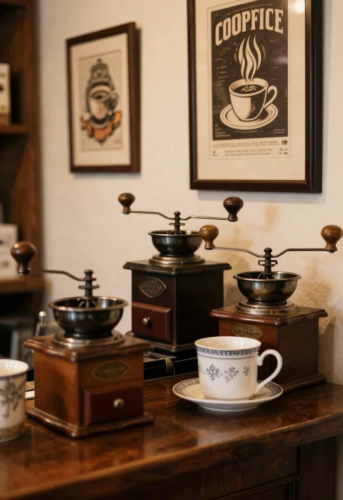 17 Moody Coffee Bar Ideas With Dark Cozy Aesthetic - 8. Vintage Coffee Accents 1