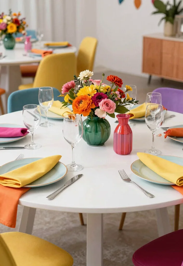 17 Round Table Wedding Decor Ideas With Romantic Flow - 15. Colorful Accents 1