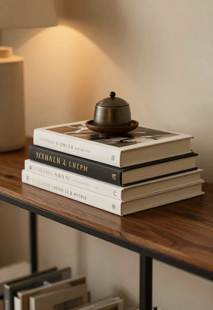 18 Console Table Decor Ideas That Welcome Beautifully - 17. Artistic Books 1