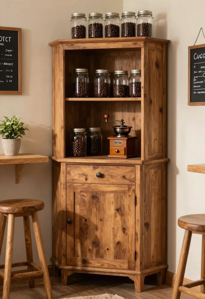 18 Corner Cabinet Coffee Bar Ideas That Use Every Nook - 1. Rustic Wooden Corner Delight 1