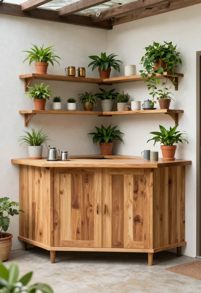 18 Corner Cabinet Coffee Bar Ideas That Use Every Nook - 11. Outdoor-Inspired Coffee Nook 1