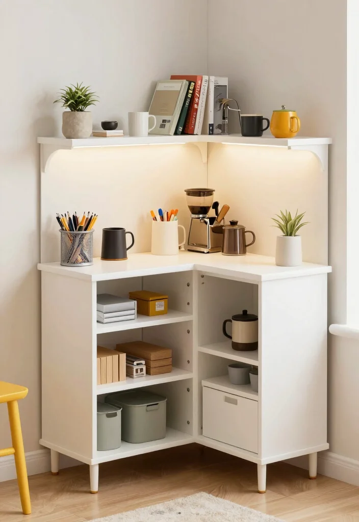 18 Corner Cabinet Coffee Bar Ideas That Use Every Nook - 12. Bright and Functional Workspace 1