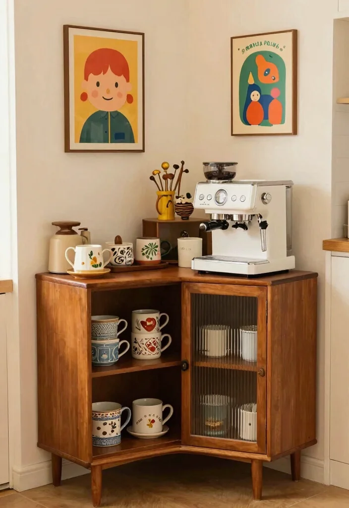 18 Corner Cabinet Coffee Bar Ideas That Use Every Nook - 3. Vintage Charm with a Twist 1