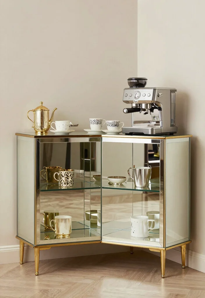 18 Corner Cabinet Coffee Bar Ideas That Use Every Nook - 9. Elegant Glam Style 1