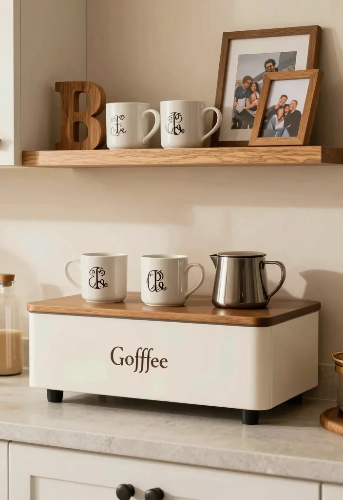 18 Floating Coffee Bar Ideas That Save Space Beautifully - 18. Personalized Monogrammed Coffee Bar 1