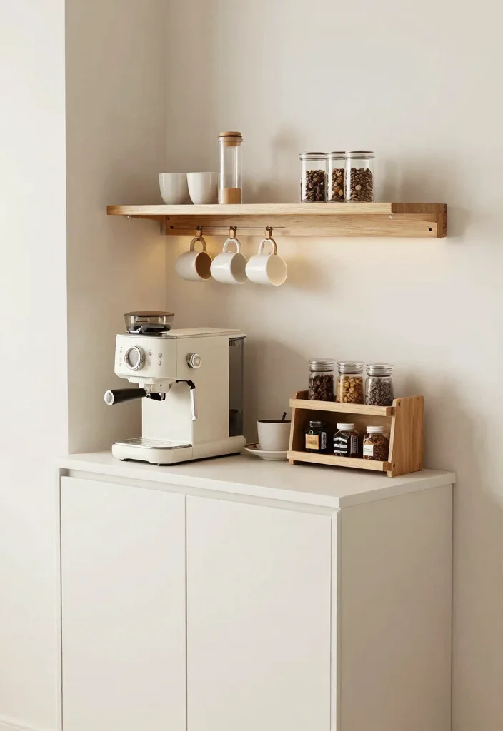 18 Floating Coffee Bar Ideas That Save Space Beautifully - 7. Sleek Compact Coffee Corner 1
