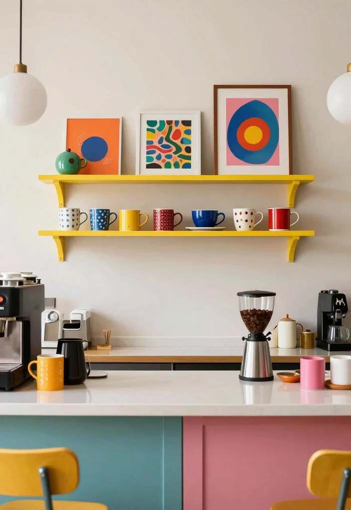 18 Floating Coffee Bar Ideas That Save Space Beautifully - 8. Colorful Pop Art Coffee Station 1