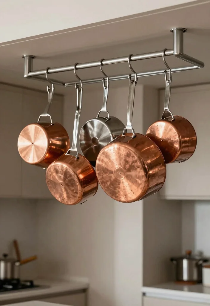 18 Kitchen Storage Organization Ideas That Reduce Clutter - 7. Hanging Pot Rack 1