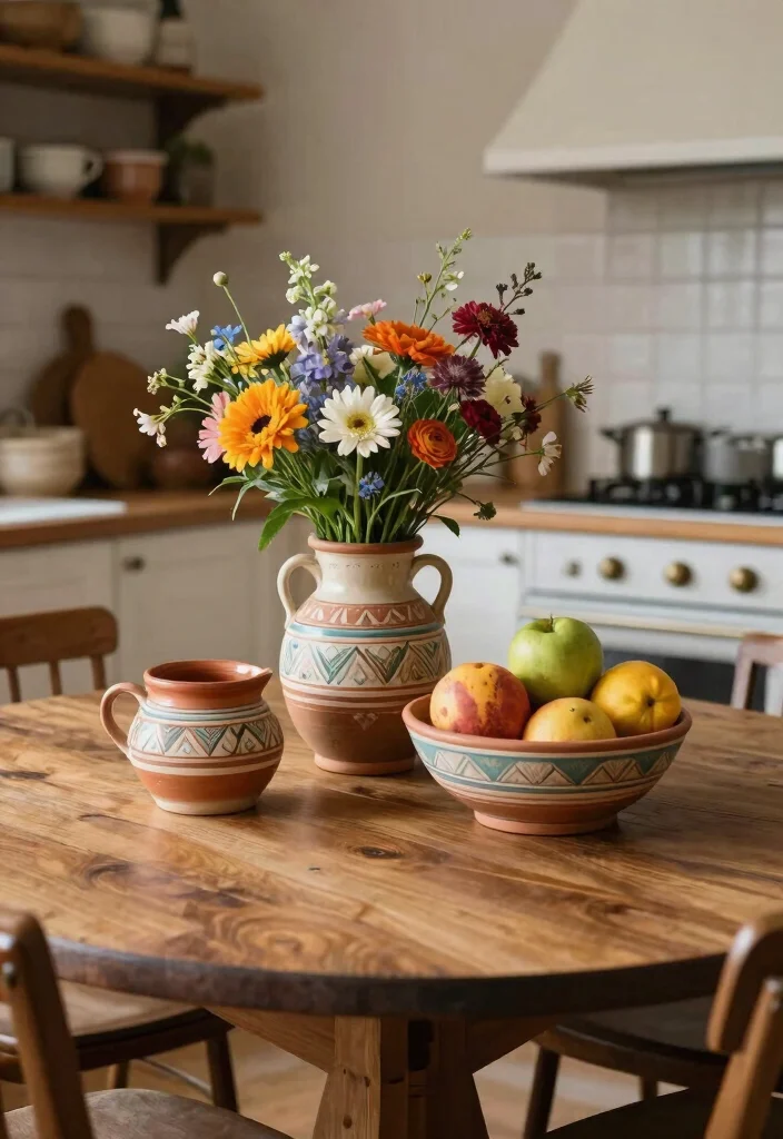 18 Kitchen Table Decor Centerpiece Ideas That Shine - 17. Artisan Pottery 1