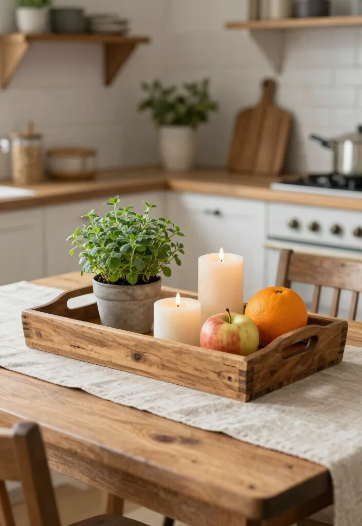 18 Kitchen Table Decor Centerpiece Ideas That Shine - 2. Rustic Wooden Tray 1