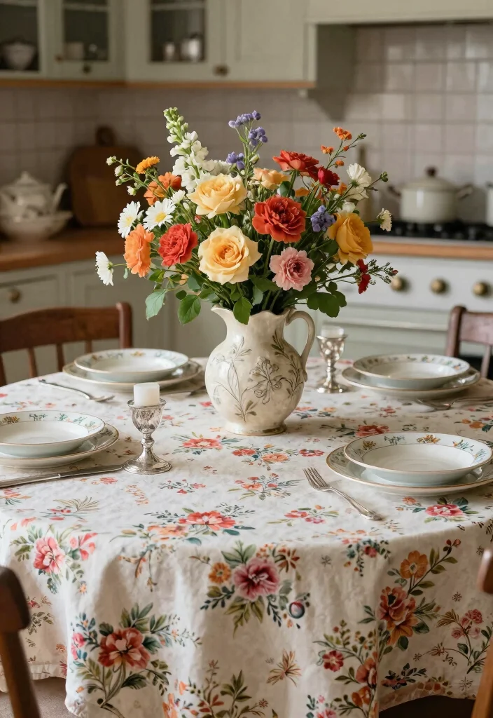 18 Kitchen Table Decor Centerpiece Ideas That Shine - 3. Vintage Tablecloth with a Centerpiece 1