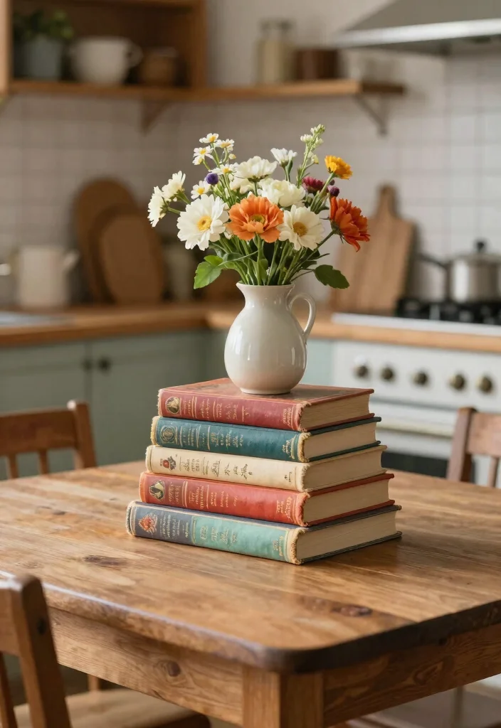 18 Kitchen Table Decor Centerpiece Ideas That Shine - 8. Vintage Books Stack 1