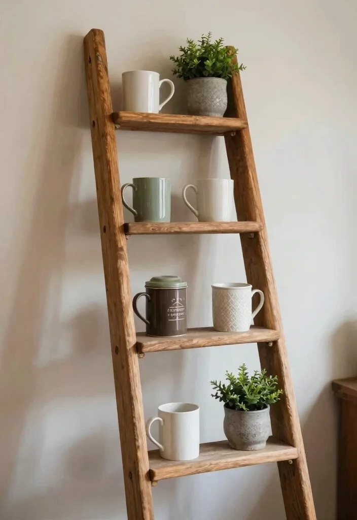 18 Mini Coffee Bar Ideas That Fit Anywhere - 11. Rustic Ladder Coffee Station 1