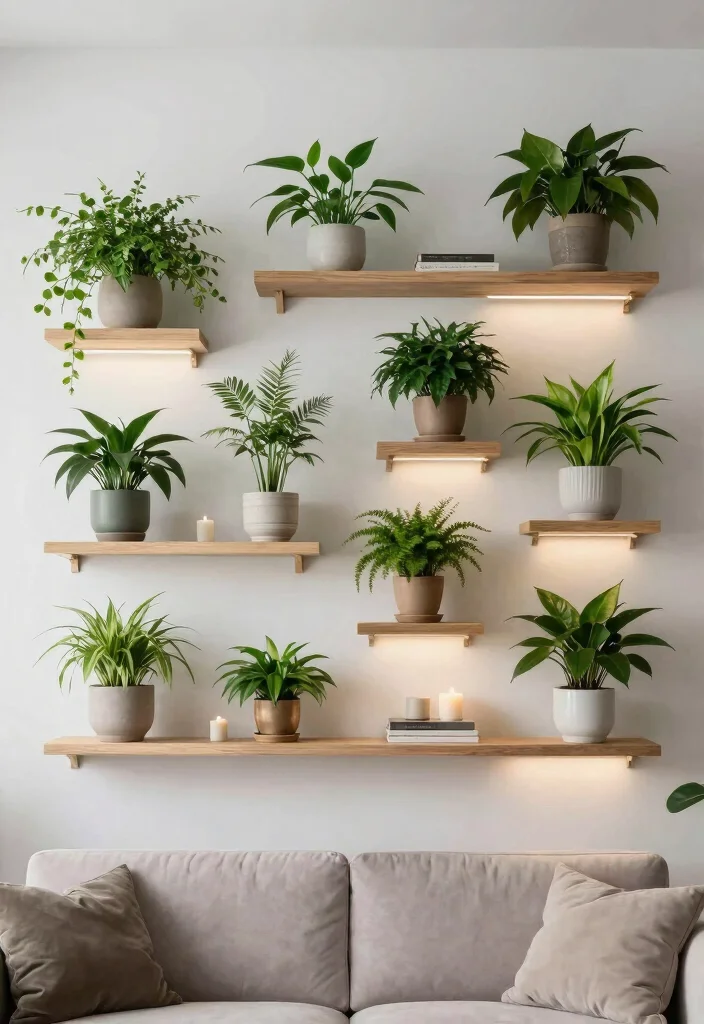 18 Money Plant Wall Decor Ideas That Brighten Any Room - 1. Floating Shelves of Greenery 1