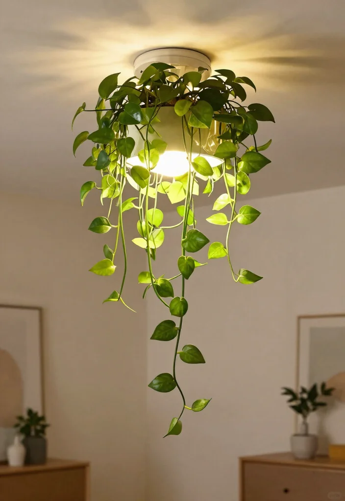 18 Money Plant Wall Decor Ideas That Brighten Any Room - 12. Radiant Light Fixtures with Plants 1