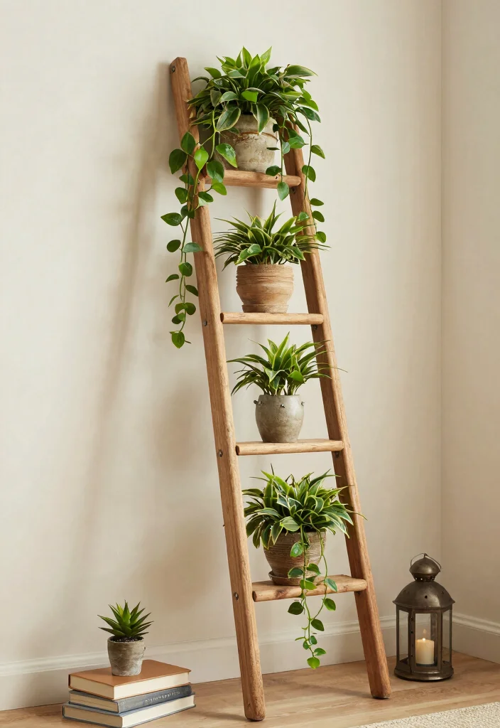 18 Money Plant Wall Decor Ideas That Brighten Any Room - 14. Plant Ladder Decor Corner 1
