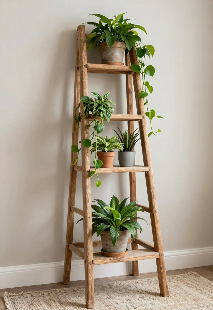 18 Money Plant Wall Decor Ideas That Brighten Any Room - 3. Ladder Plant Stand Display 1