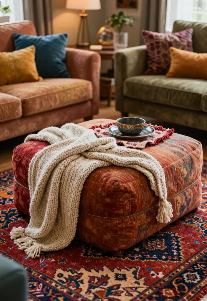 18 Ottoman Coffee Table Decor Ideas That Look Cozy & Chic - 1. Layered Textiles for Added Warmth 1