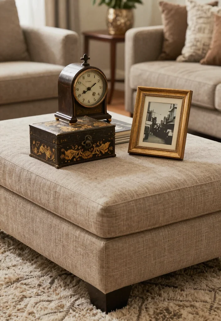 18 Ottoman Coffee Table Decor Ideas That Look Cozy & Chic - 11. Vintage Finds for Timeless Charm 1
