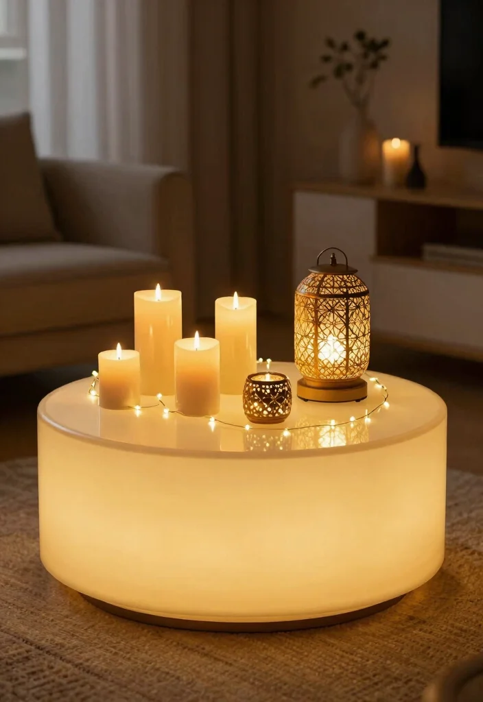 18 Ottoman Coffee Table Decor Ideas That Look Cozy & Chic - 16. Layered Lighting for Ambiance 1