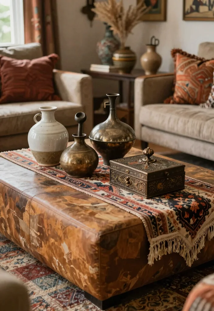 18 Ottoman Coffee Table Decor Ideas That Look Cozy & Chic - 4. Eclectic Mix of Decorative Objects 1