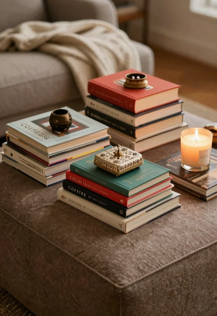 18 Ottoman Coffee Table Decor Ideas That Look Cozy & Chic - 6. Stylish Book Stacking 1