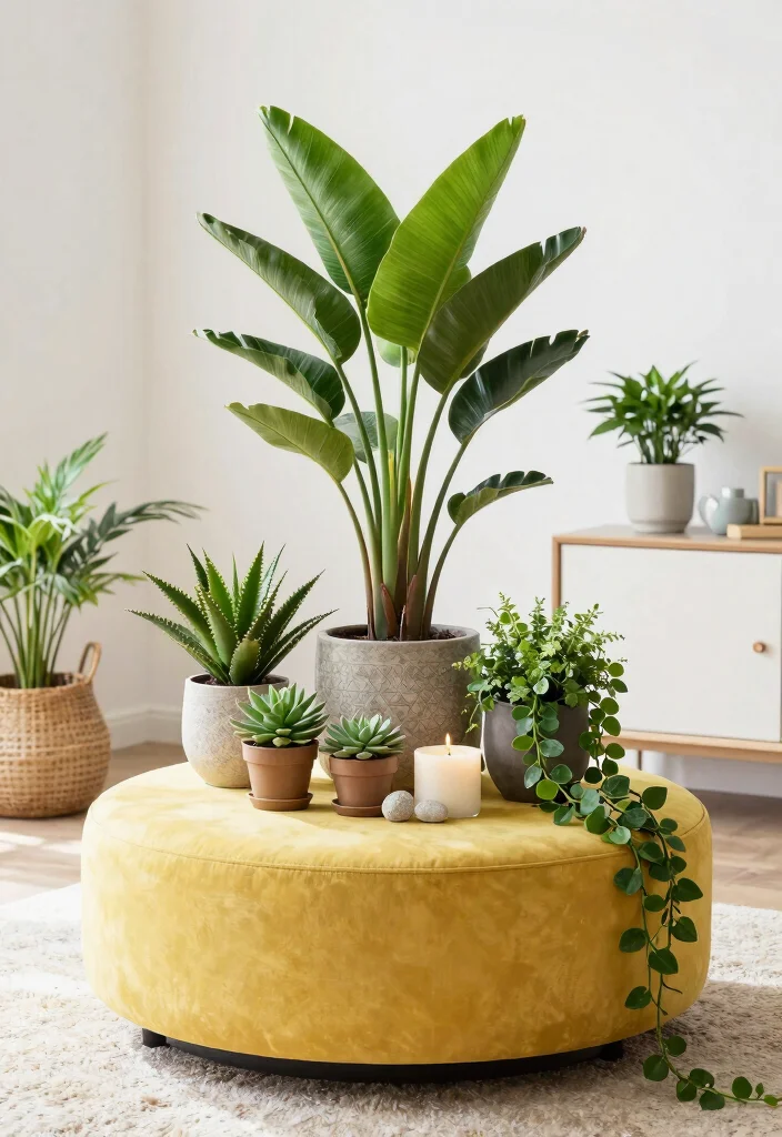 18 Ottoman Coffee Table Decor Ideas That Look Cozy & Chic - 7. Greenery for a Lively Touch 1