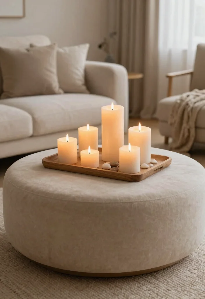 18 Ottoman Coffee Table Decor Ideas That Look Cozy & Chic - 9. Cozy Candle Arrangements 1