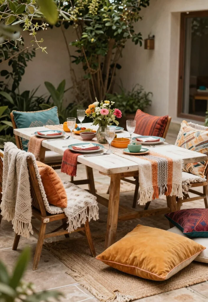 18 Outside Table Decor Ideas for Stylish Outdoor Dining - 6. Cozy Throws and Pillows 1