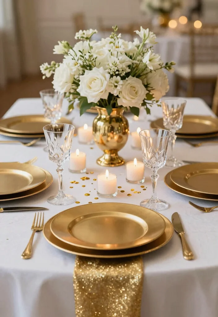 18 Prom Table Decor Ideas That Sparkle Beautifully - 1. Glittering Gold and White Theme 1