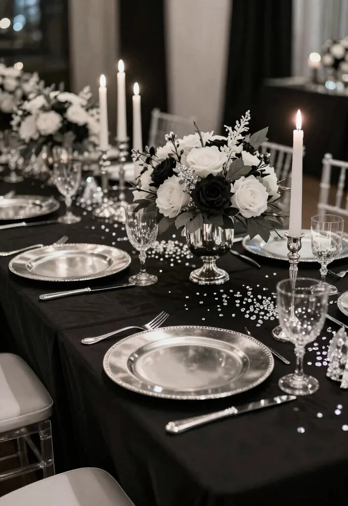 18 Prom Table Decor Ideas That Sparkle Beautifully - 3. Elegant Black and Silver 1