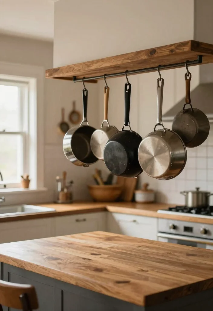 18 Small Kitchen Organization Ideas That Transform Tiny Spaces - 6. Hanging Pot Racks 1