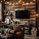 Reclaimed wood planks covering a living room wall behind a leather sofa and television.