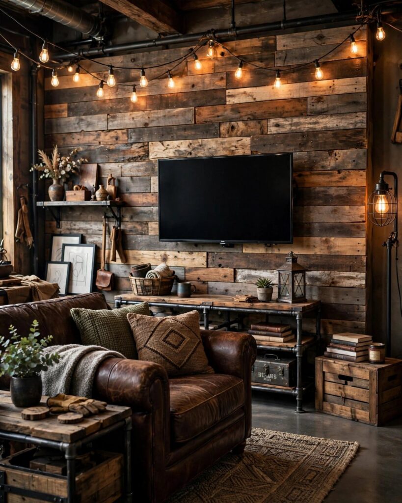 Reclaimed wood planks covering a living room wall behind a leather sofa and television.