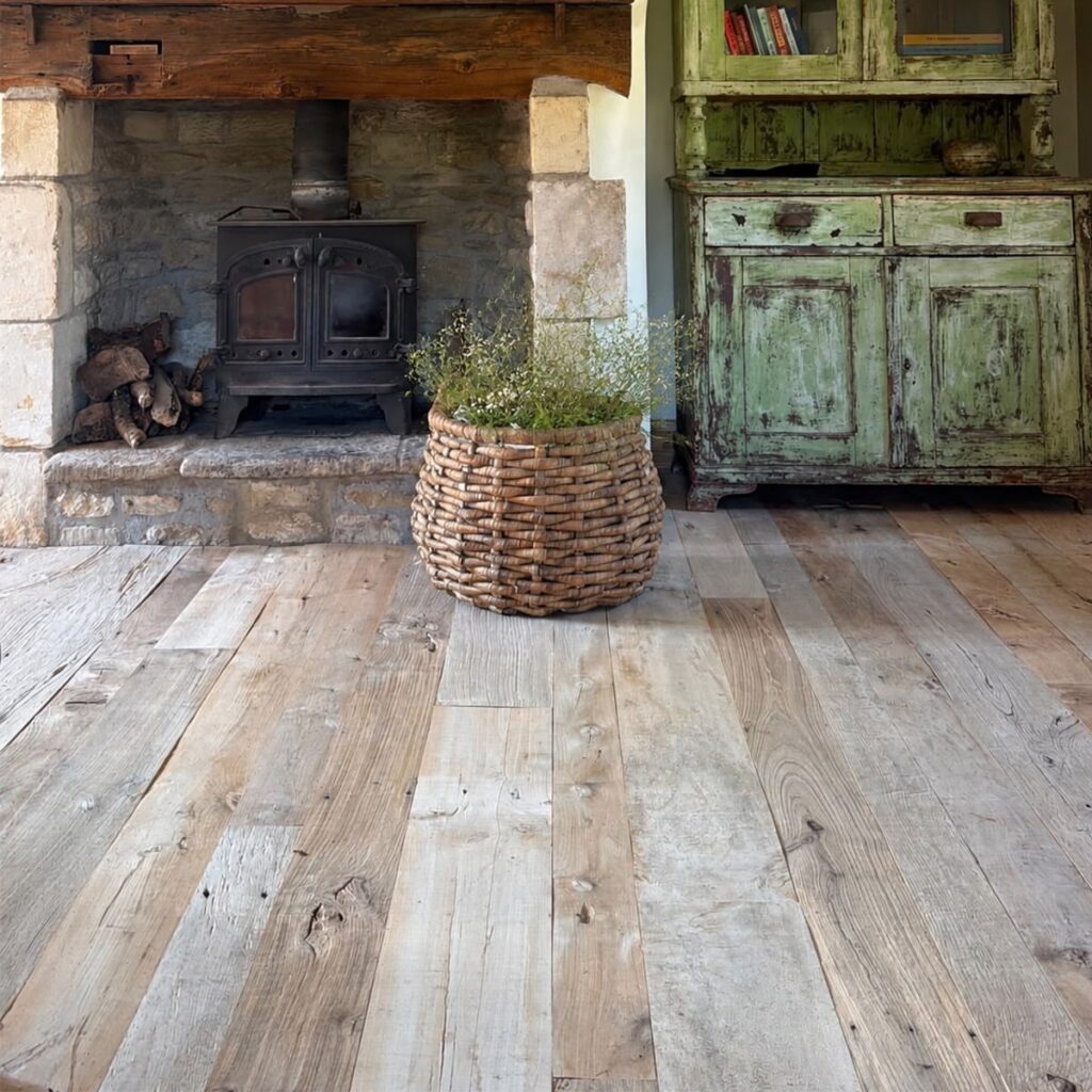 Distressed light wood floor planks in a rustic room with a stone fireplace.