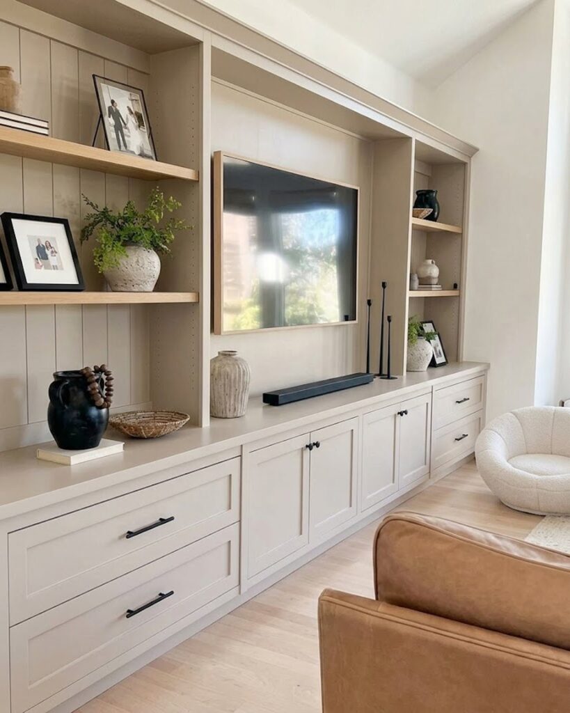 Built-in beige shelving and cabinetry unit featuring a television, decorative items, and storage drawers in a living room.