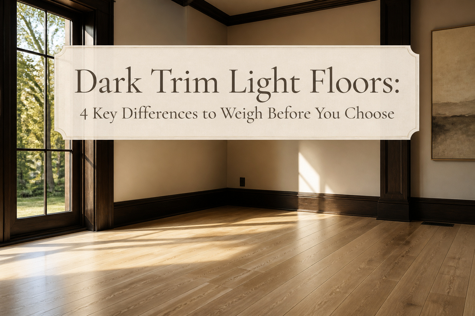 A room featuring dark trim and light oak floors with stylish furniture.