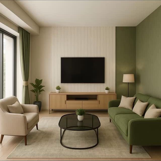 Modern living room with a green sofa, cream armchair, and a sage green accent wall.