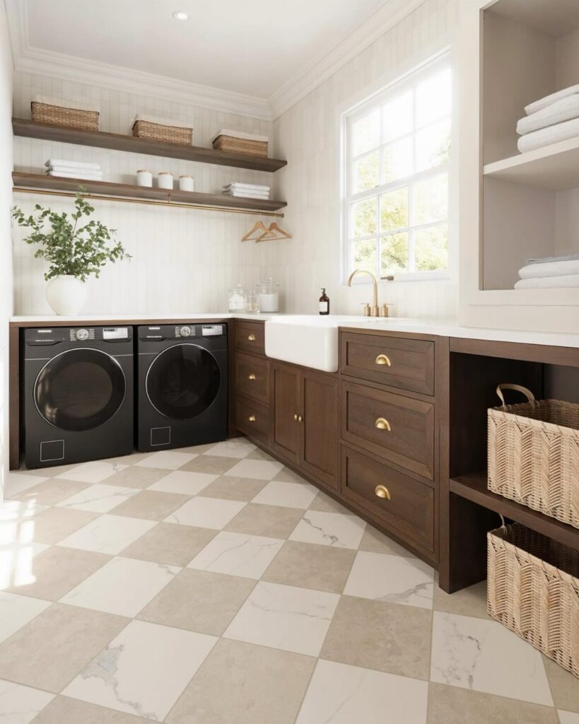 Checkered marble floor tiles in a modern laundry room with dark wood cabinets.